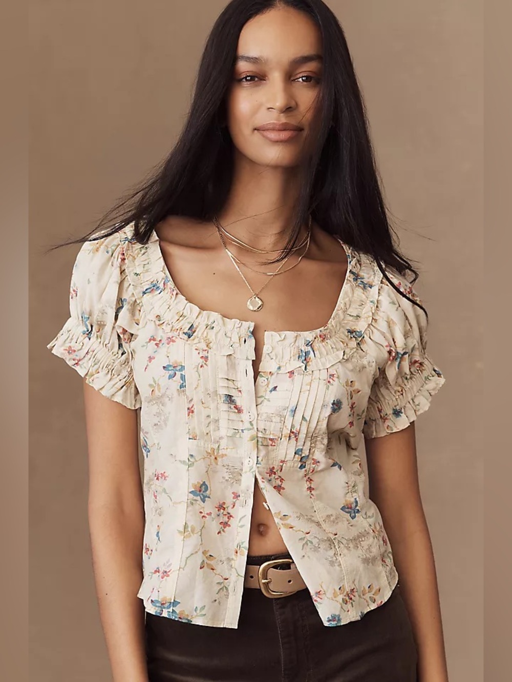 Anthropologie Cream Floral Ruffle Button-Front Blouse